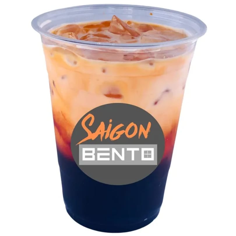 Iced Vietnamese coffee with layers of dark coffee, milk, and ice, with a Saigon Bento logo.